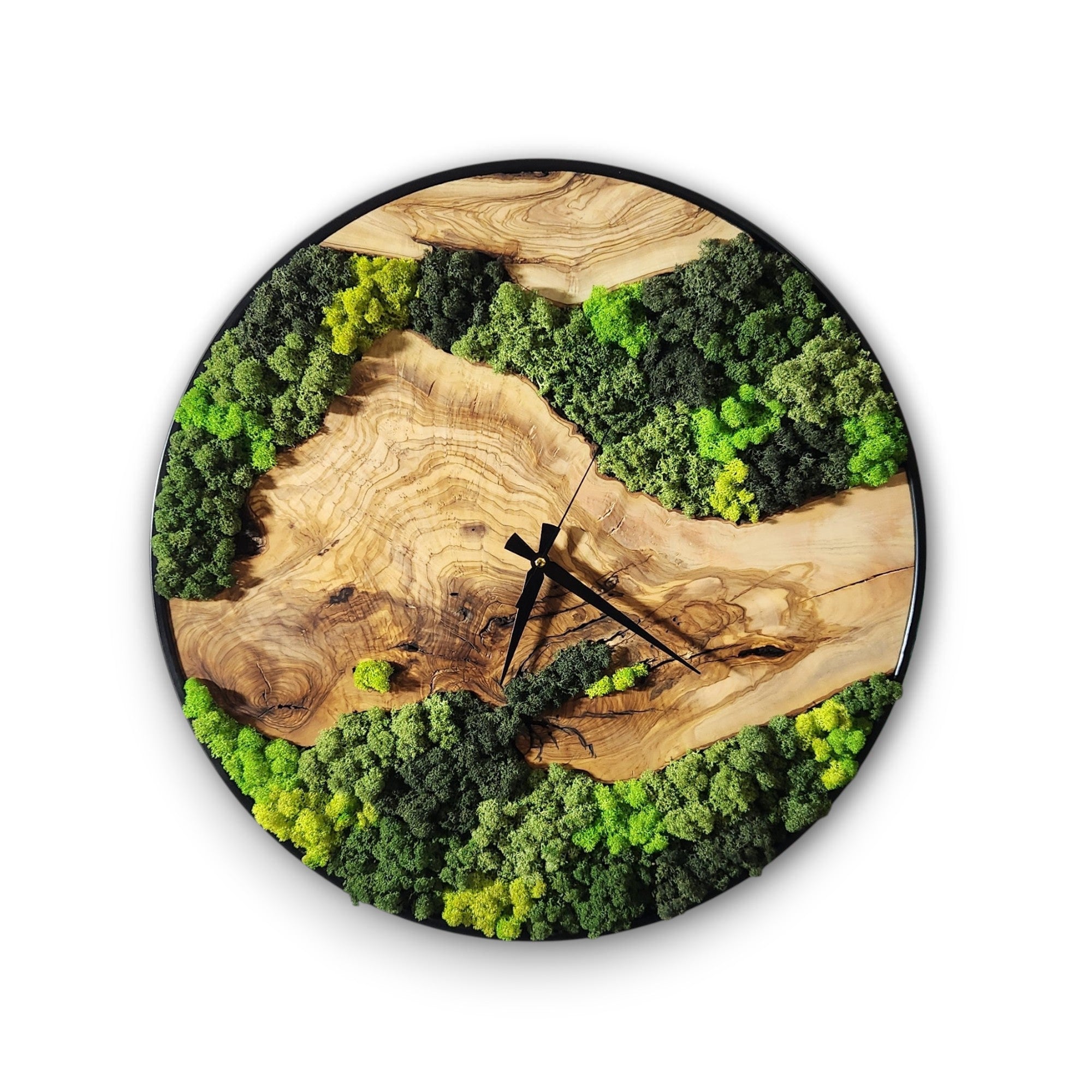 Moss and Olive Wood Wall Clock with Metal Frame | Modern Rustic Wall Art