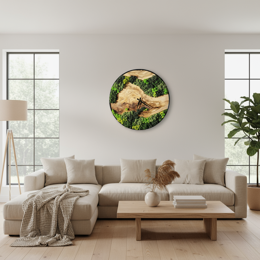 Moss and Olive Wood Wall Clock with Metal Frame | Modern Rustic Wall Art