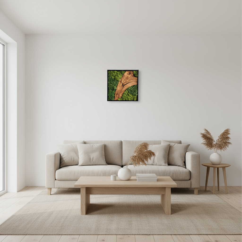 Moss Olive Wood Wall Clock with Metal Frame | Handmade Preserved Moss Wall Art