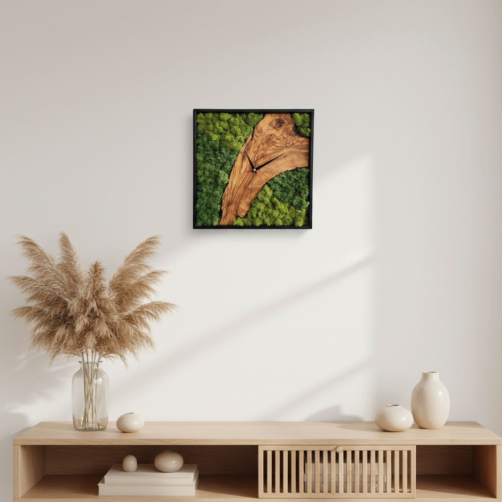 Moss Olive Wood Wall Clock with Metal Frame | Handmade Preserved Moss Wall Art