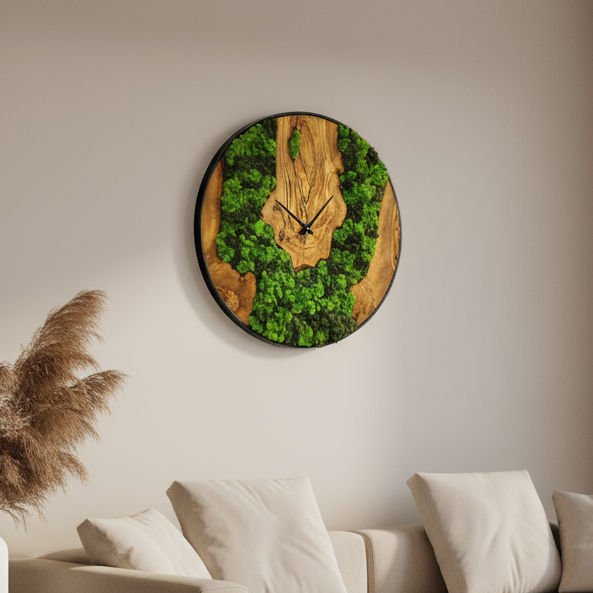 Moss Olive Wood Wall Clock with Metal Frame | Rustic Farmhouse Home Decor
