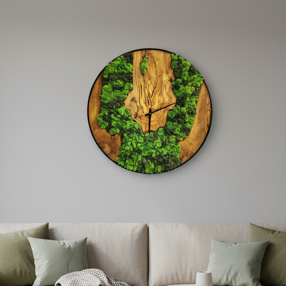Moss Olive Wood Wall Clock with Metal Frame | Rustic Farmhouse Home Decor