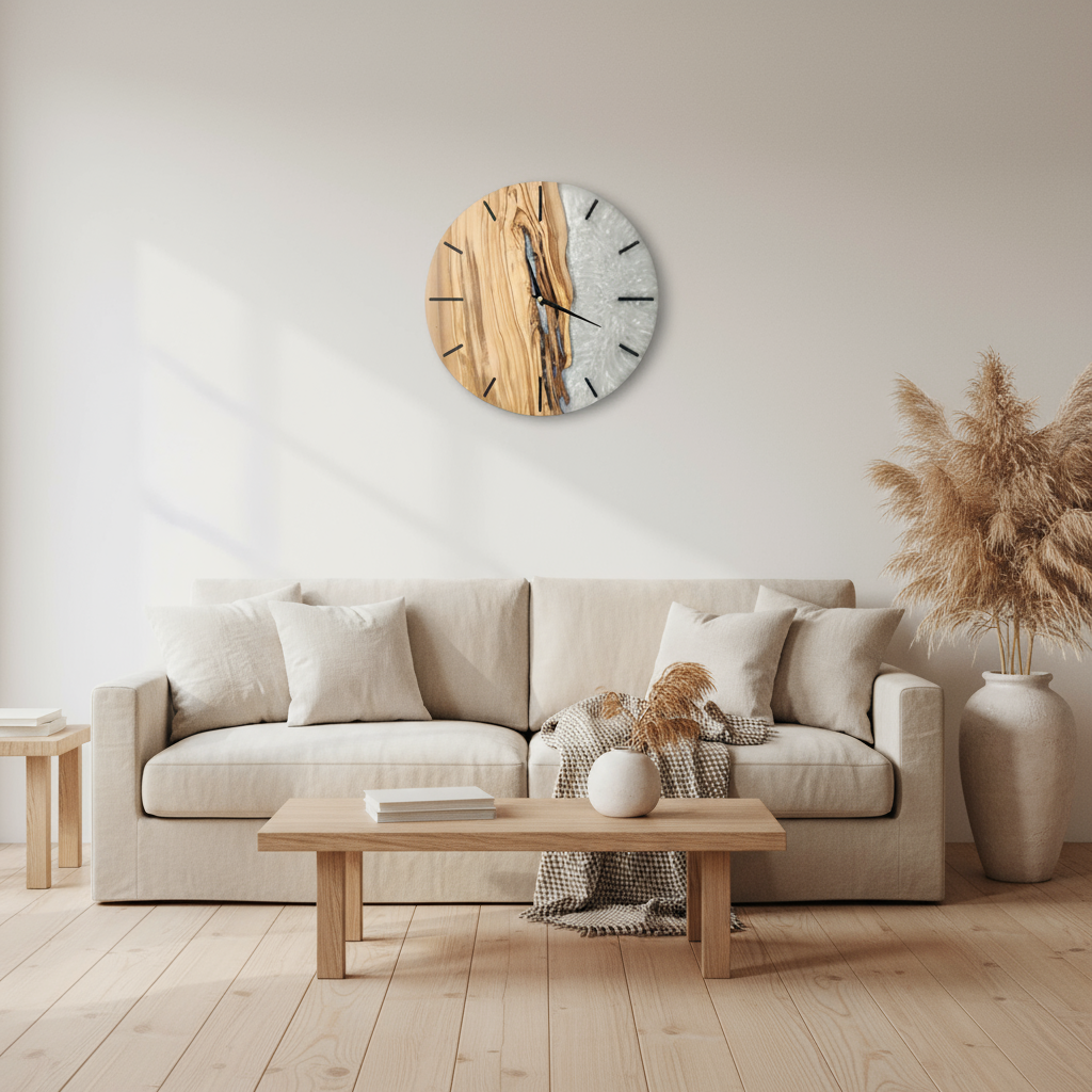 White Resin and Live Edge Olive Wood Wall Clock