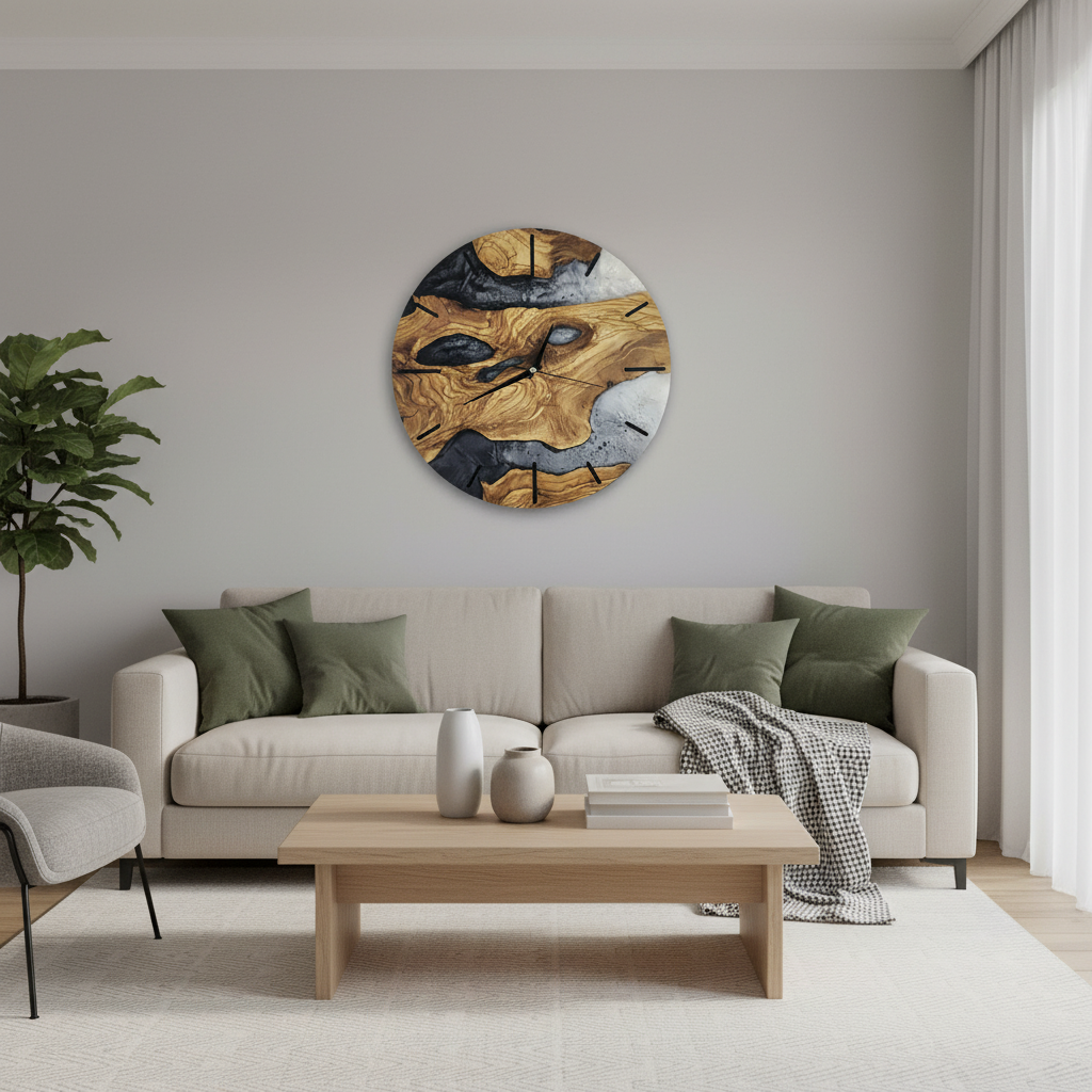 Custom Resin & Olive Wood Wall Clock | Live Edge Rustic Decor