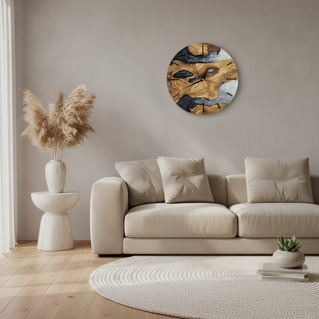 Custom Resin & Olive Wood Wall Clock | Live Edge Rustic Decor