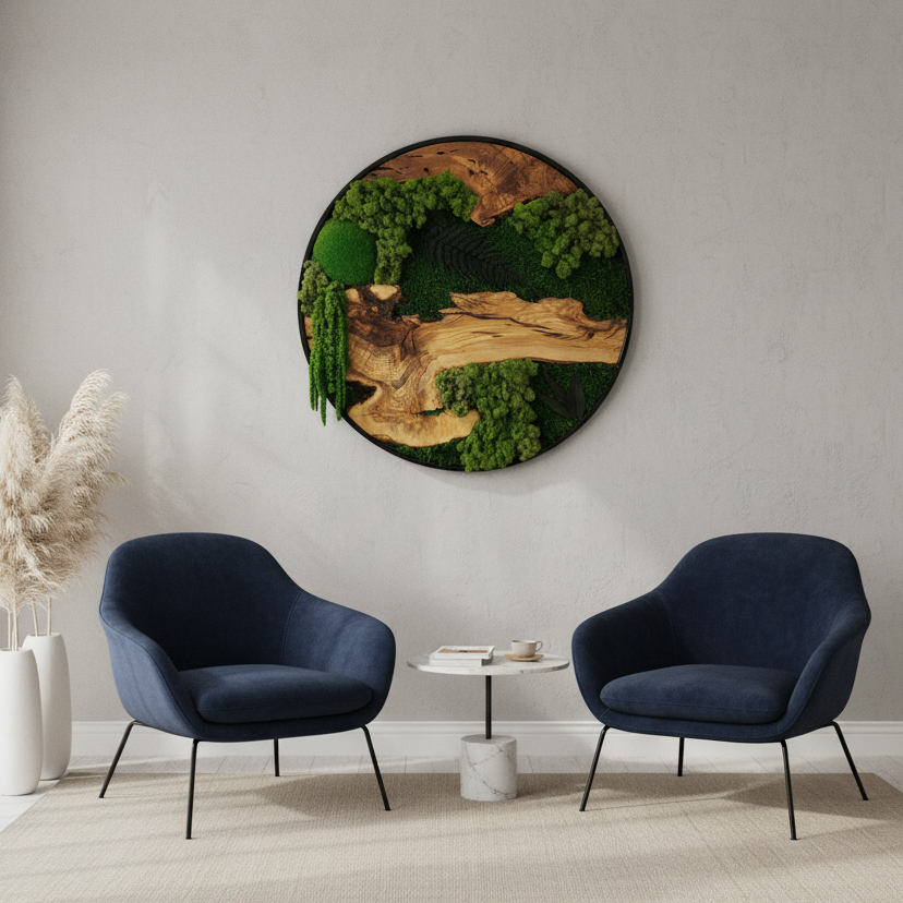 Moss and Olive Wood Wall Art in Metal Frame