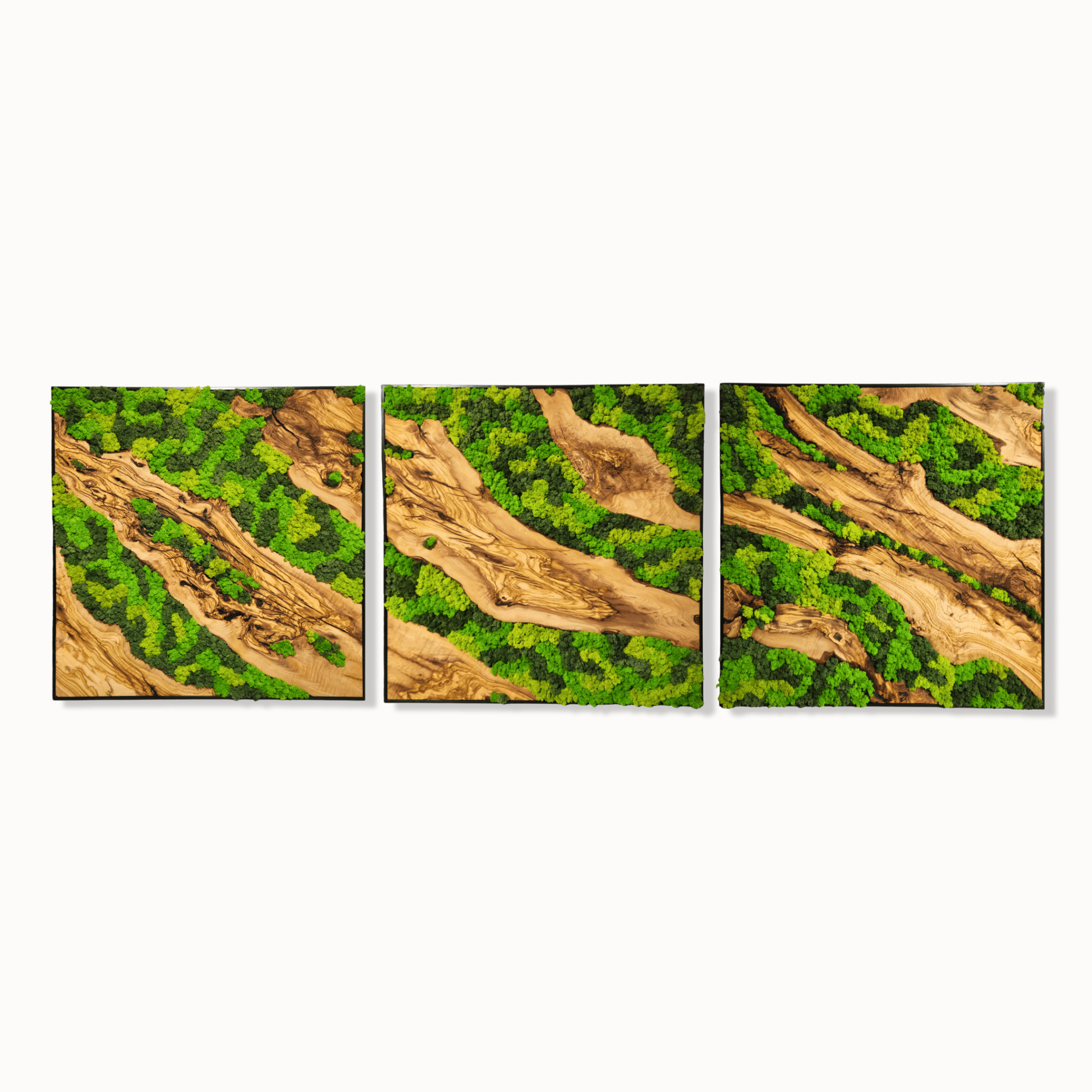 Custom Made Moss And Olive Wood Wall Art In Metal Frame BlackSeaResinWorks
