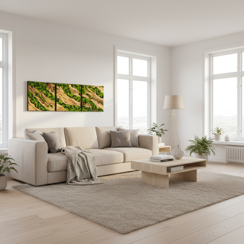 Set of 3 Moss and Olive Wood Wall Art | 3 Piece Framed Moss Wall Decor