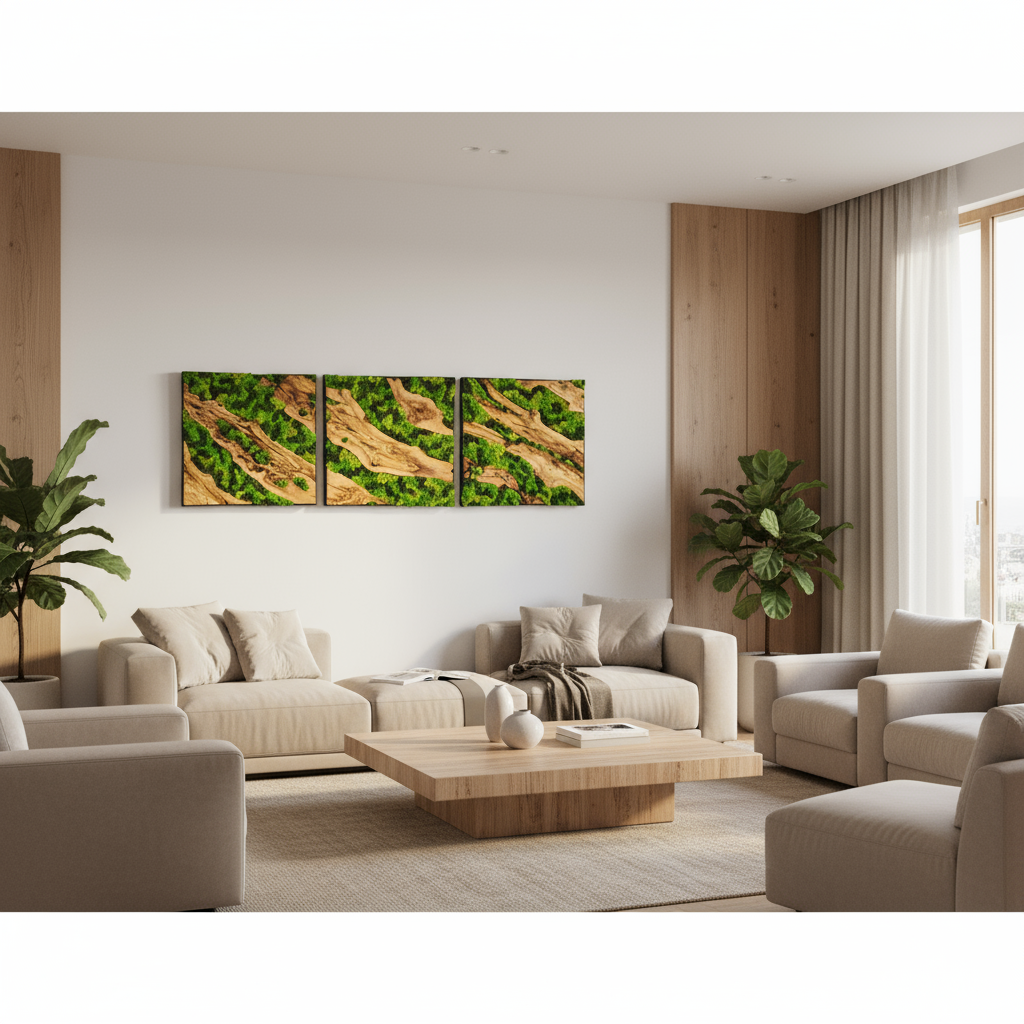 Set of 3 Moss and Olive Wood Wall Art | 3 Piece Framed Moss Wall Decor