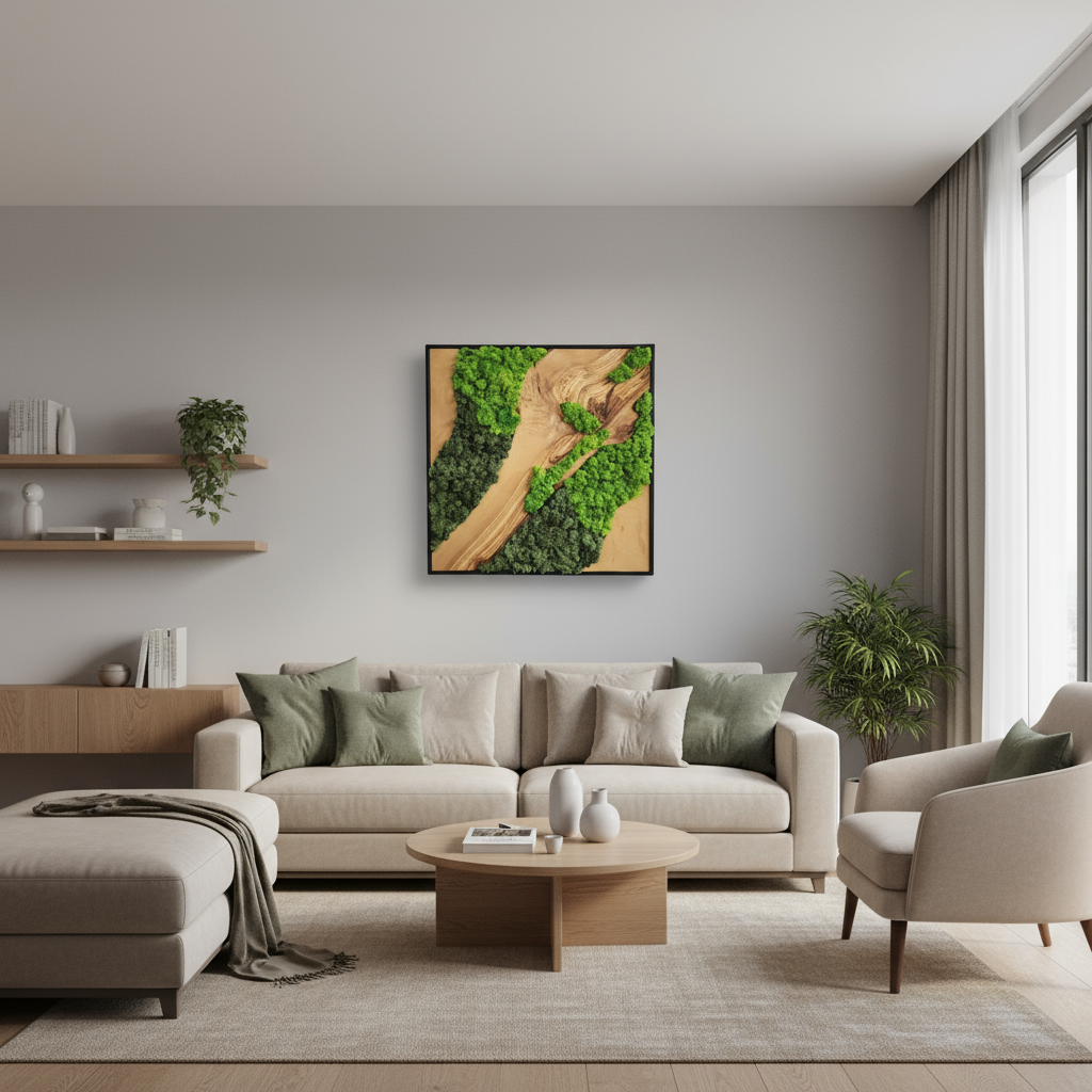 Custom Moss and Olive Wood Wall Art | Metal Frame