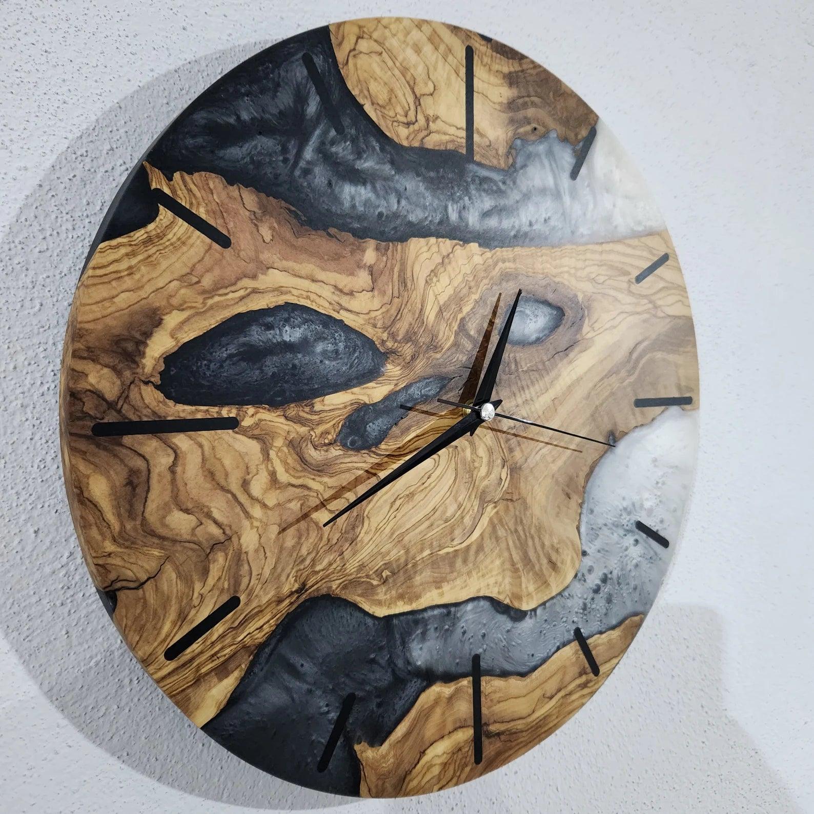 Custom Made Resin & Olive Wood Wall Clock, Made to order Epoxy and Olive Wood Clock, Black and White Live Edge Rustic Olive Wood Wall Clock BlackSeaResinWorks