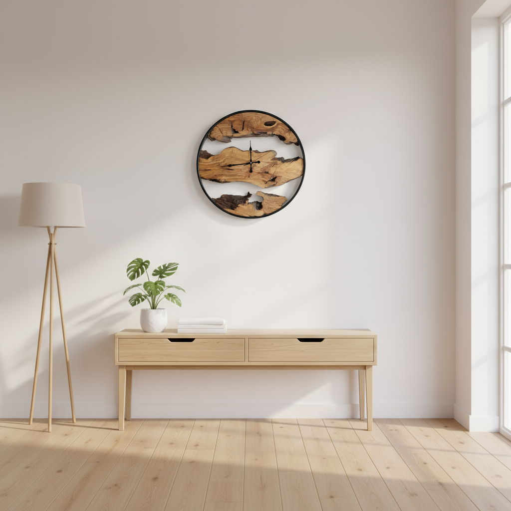 Olive Wood and Metal Wall Clock | Unique Rustic Home Decor