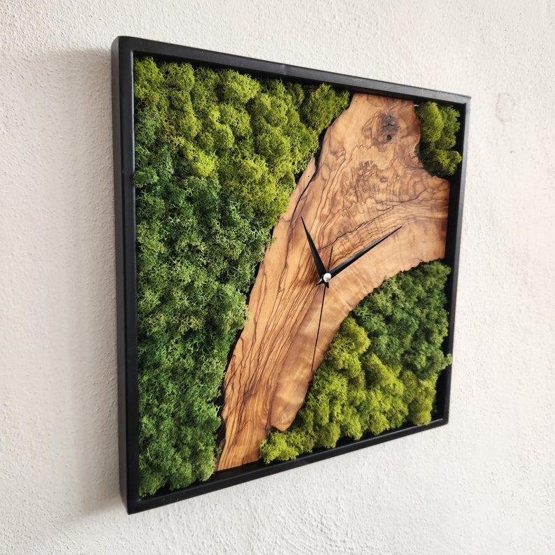 Custom Made Moss and Olive Wood Wall Clock, Metal Frame Moss Wall Decor, Olive Wood and Moss Wall Art- Preserved Stabilized Moss Wall Clock BlackSeaResinWorks