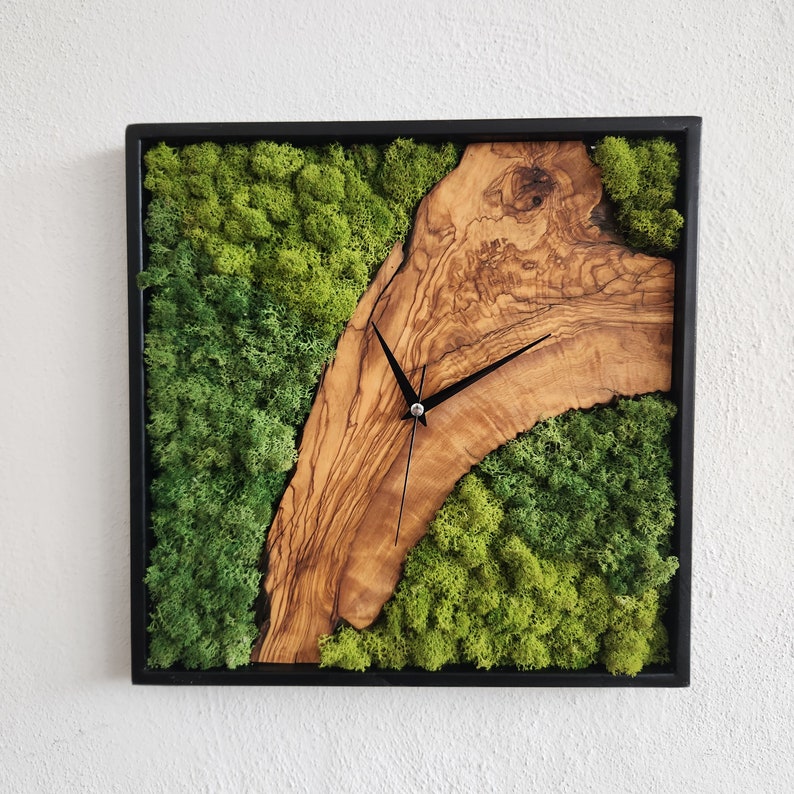 Custom Made Moss and Olive Wood Wall Clock, Metal Frame Moss Wall Decor, Olive Wood and Moss Wall Art- Preserved Stabilized Moss Wall Clock BlackSeaResinWorks