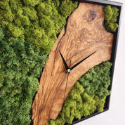 Custom Made Moss and Olive Wood Wall Clock, Metal Frame Moss Wall Decor, Olive Wood and Moss Wall Art- Preserved Stabilized Moss Wall Clock BlackSeaResinWorks