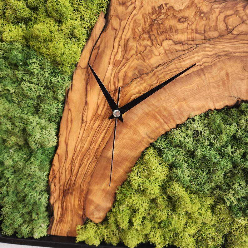 Custom Made Moss and Olive Wood Wall Clock, Metal Frame Moss Wall Decor, Olive Wood and Moss Wall Art- Preserved Stabilized Moss Wall Clock BlackSeaResinWorks
