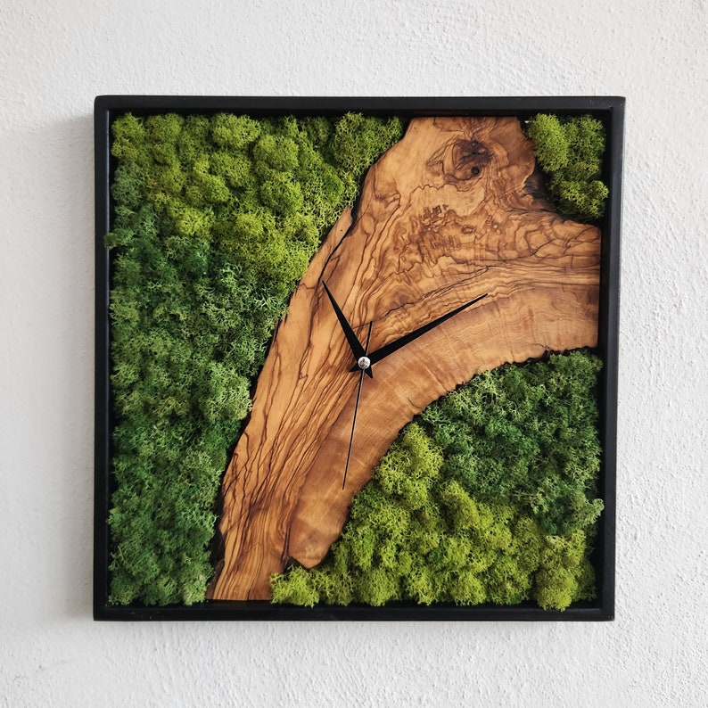 Custom Made Moss and Olive Wood Wall Clock, Metal Frame Moss Wall Decor, Olive Wood and Moss Wall Art- Preserved Stabilized Moss Wall Clock BlackSeaResinWorks