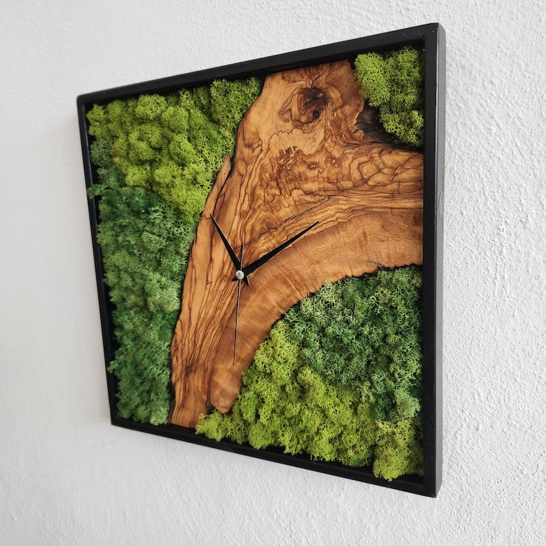 Custom Made Moss and Olive Wood Wall Clock, Metal Frame Moss Wall Decor, Olive Wood and Moss Wall Art- Preserved Stabilized Moss Wall Clock BlackSeaResinWorks