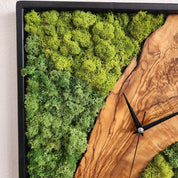 Custom Made Moss and Olive Wood Wall Clock, Metal Frame Moss Wall Decor, Olive Wood and Moss Wall Art- Preserved Stabilized Moss Wall Clock BlackSeaResinWorks