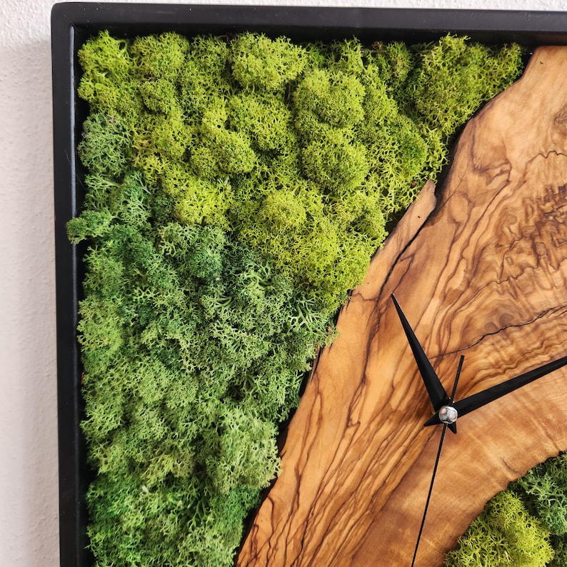 Custom Made Moss and Olive Wood Wall Clock, Metal Frame Moss Wall Decor, Olive Wood and Moss Wall Art- Preserved Stabilized Moss Wall Clock BlackSeaResinWorks