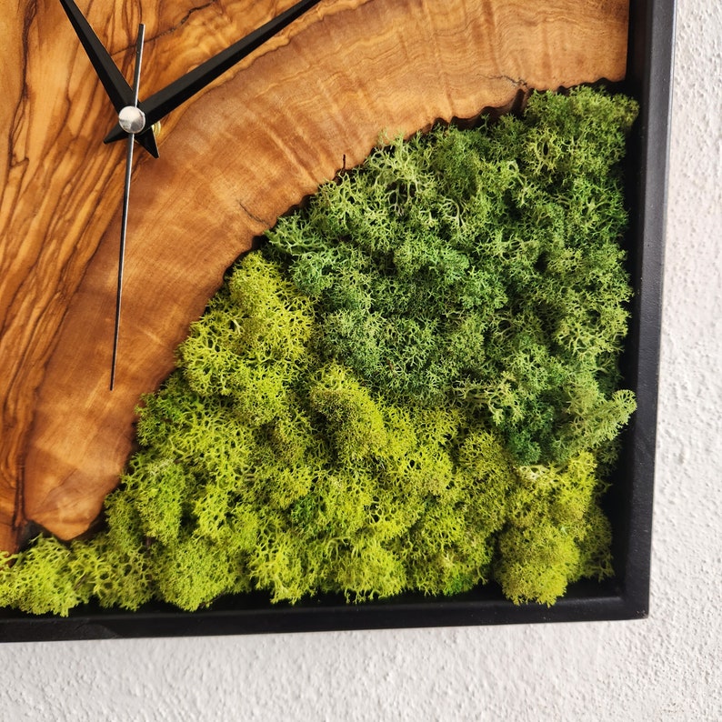 Custom Made Moss and Olive Wood Wall Clock, Metal Frame Moss Wall Decor, Olive Wood and Moss Wall Art- Preserved Stabilized Moss Wall Clock BlackSeaResinWorks