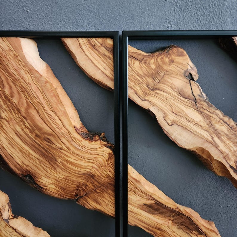 Set of 2 Metal and Wooden Wall Art, 2 Piece Olive Wood Wall Decor, Wall Art, Wood Wall Art, Rustic Wall Art, Live Edge Wood Wall Decor BlackSeaResinWorks