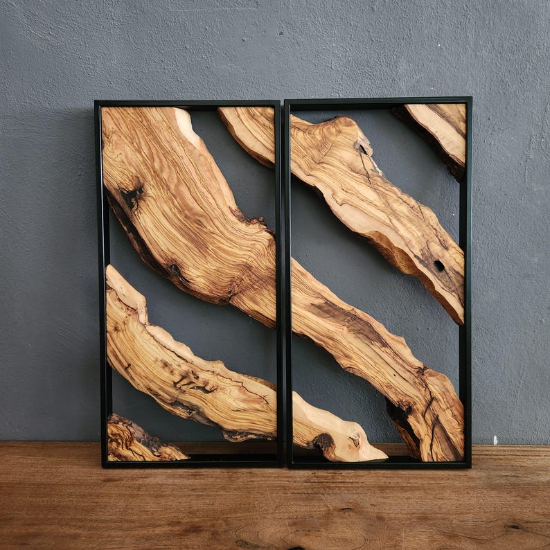 Set of 2 Metal and Wooden Wall Art, 2 Piece Olive Wood Wall Decor, Wall Art, Wood Wall Art, Rustic Wall Art, Live Edge Wood Wall Decor BlackSeaResinWorks