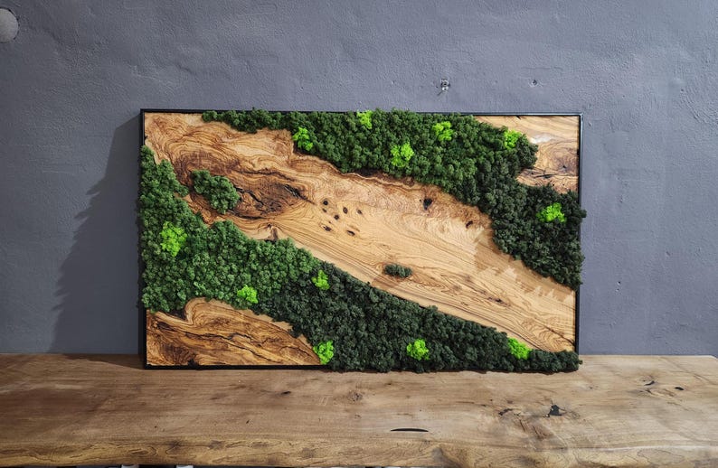 Olive Wood & Preserved Moss Wall Art: Rustic Greenery Decor