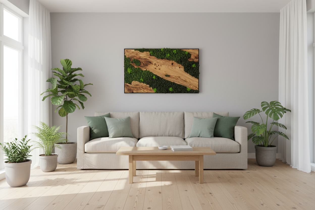 Olive Wood & Preserved Moss Wall Art: Rustic Greenery Decor