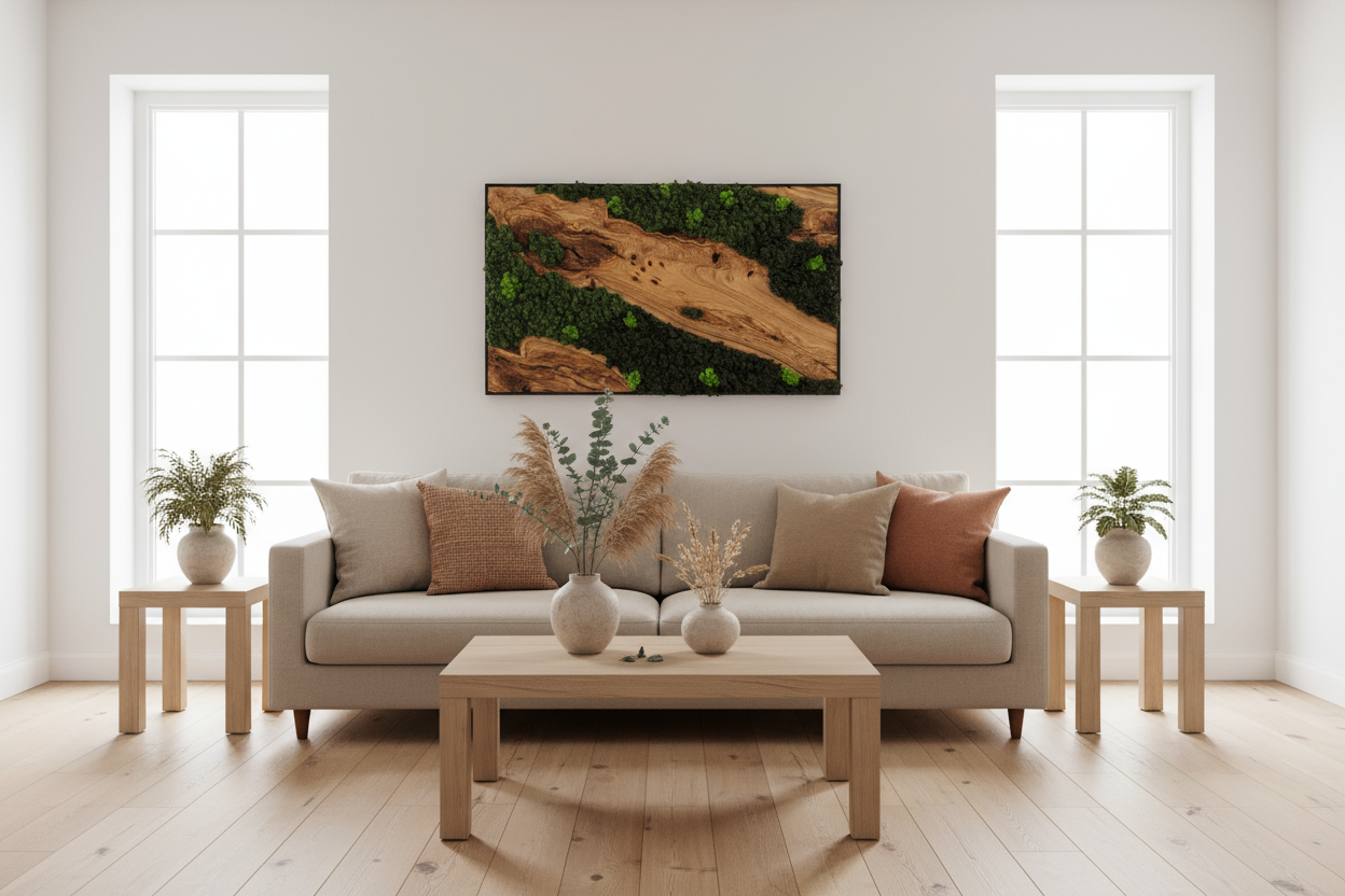 Olive Wood & Preserved Moss Wall Art: Rustic Greenery Decor