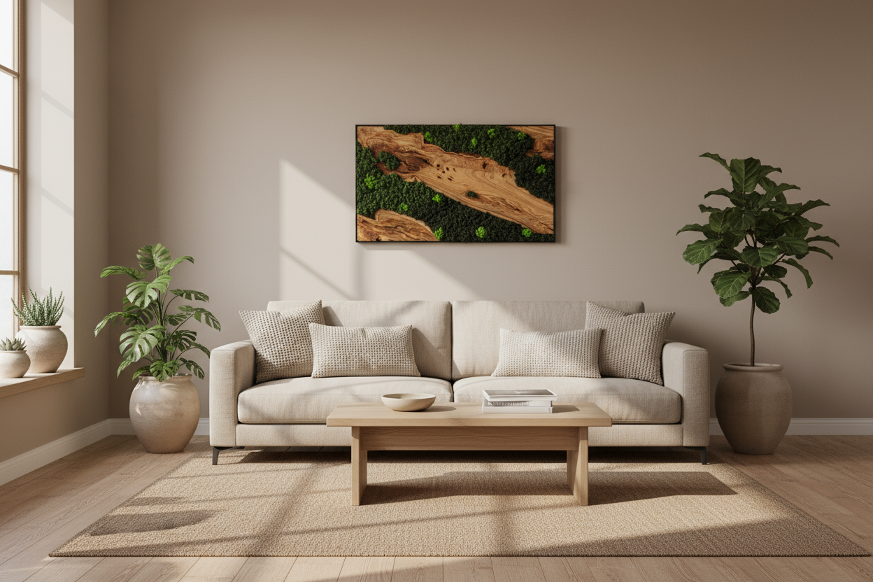 Olive Wood & Preserved Moss Wall Art: Rustic Greenery Decor