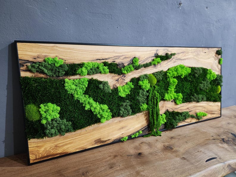 oasis & Wood Wall Art, Unique Custom Made Olive Wood And Moss Wall Decor, Rustic Greenery Decor, Hotel Lobby Wall Art Decor, Home Wall Decor BlackSeaResinWorks
