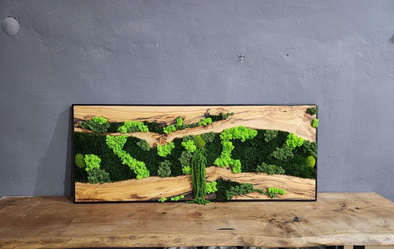 oasis & Wood Wall Art, Unique Custom Made Olive Wood And Moss Wall Decor, Rustic Greenery Decor, Hotel Lobby Wall Art Decor, Home Wall Decor BlackSeaResinWorks