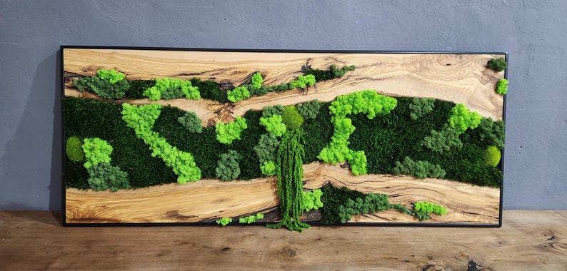 oasis & Wood Wall Art, Unique Custom Made Olive Wood And Moss Wall Decor, Rustic Greenery Decor, Hotel Lobby Wall Art Decor, Home Wall Decor BlackSeaResinWorks