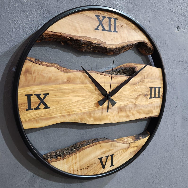 Olive Wood Wall Clock with Metal Ring & Epoxy Roman Numerals