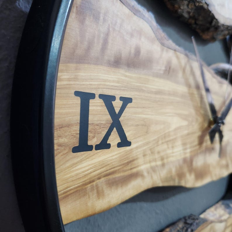 Olive Wood Wall Clock with Metal Ring & Epoxy Roman Numerals