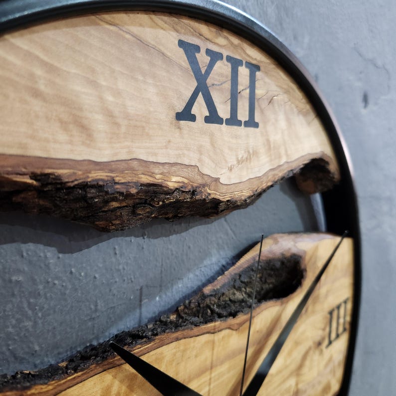 Olive Wood Wall Clock with Metal Ring & Epoxy Roman Numerals