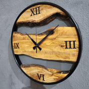 Olive Wood Wall Clock with Metal Ring & Epoxy Roman Numerals