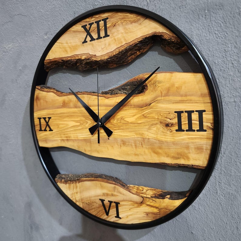Olive Wood Wall Clock with Metal Ring & Epoxy Roman Numerals