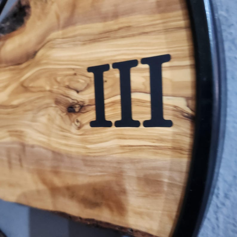 Olive Wood Wall Clock with Metal Ring & Epoxy Roman Numerals