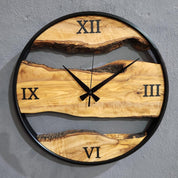 Olive Wood Wall Clock with Metal Ring & Epoxy Roman Numerals