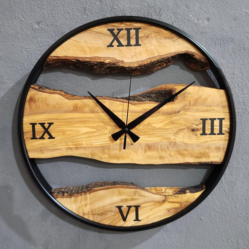 Olive Wood Wall Clock with Metal Ring & Epoxy Roman Numerals
