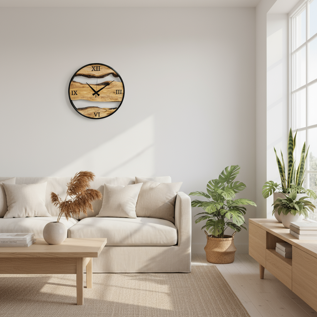 Olive Wood Wall Clock with Metal Ring & Epoxy Roman Numerals