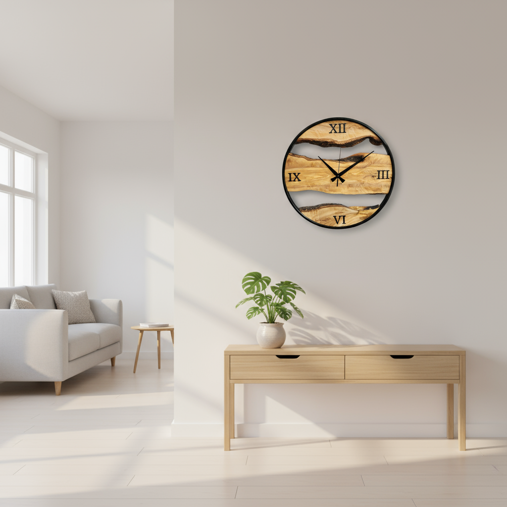 Olive Wood Wall Clock with Metal Ring & Epoxy Roman Numerals