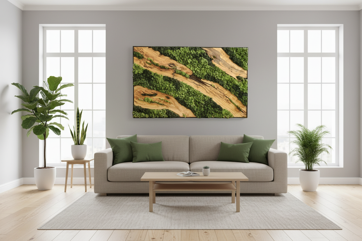 Moss & Wood Wall Art | Unique Custom Made Olive Wood And Moss Wall Decor