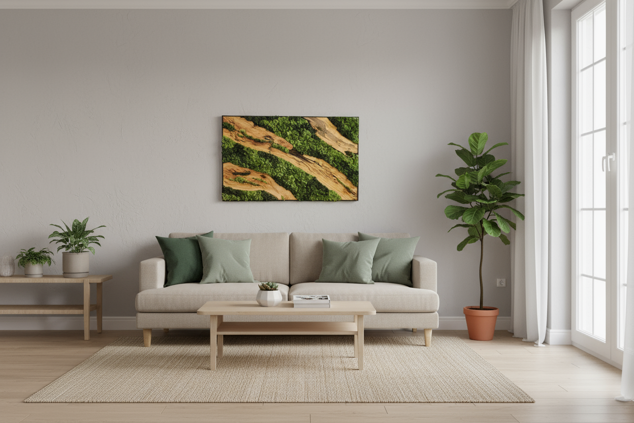 Moss & Wood Wall Art | Unique Custom Made Olive Wood And Moss Wall Decor