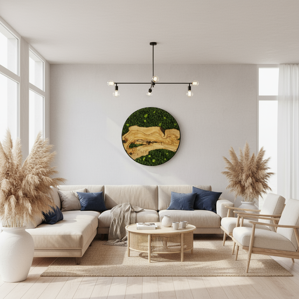 Custom Made Moss and Olive Wood Wall Art | Metal Frame Moss Wall Decor