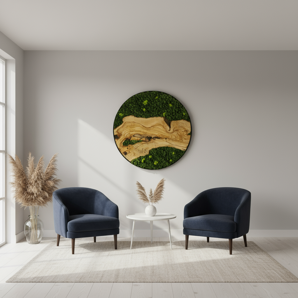 Custom Made Moss and Olive Wood Wall Art | Metal Frame Moss Wall Decor