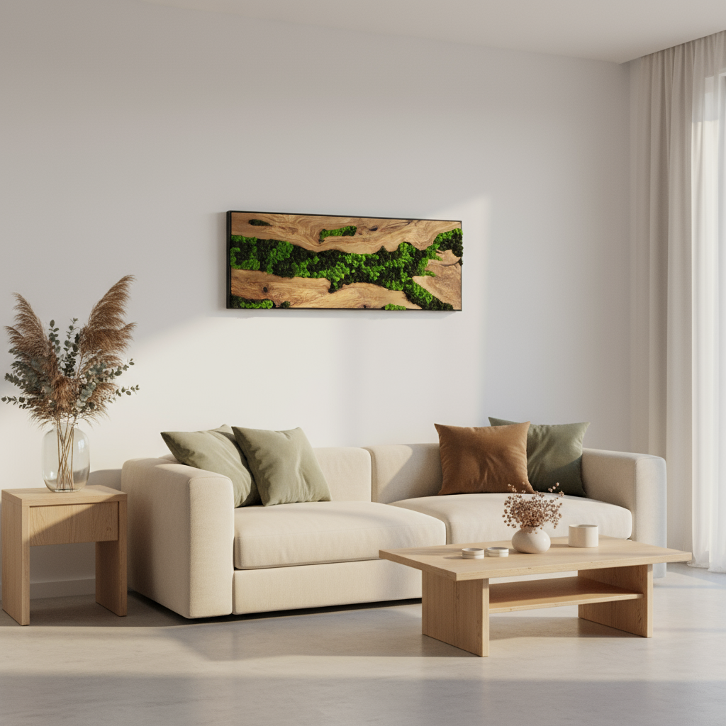 Olive Wood & Preserved Moss Wall Art | Rustic Greenery Decor