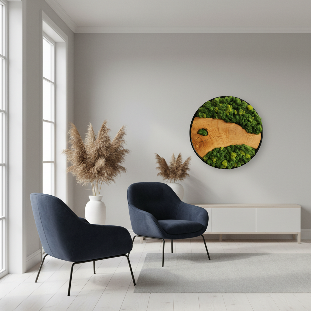Custom Made Moss and Olive Wood Wall Art | Metal Frame Moss Wall Decor